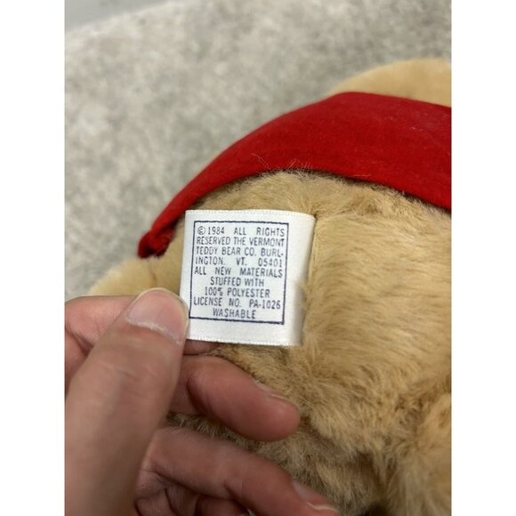 Vintage Vermont Teddy Bear Jointed with Red Vest and Bow 1987 - Picture 10 of 12